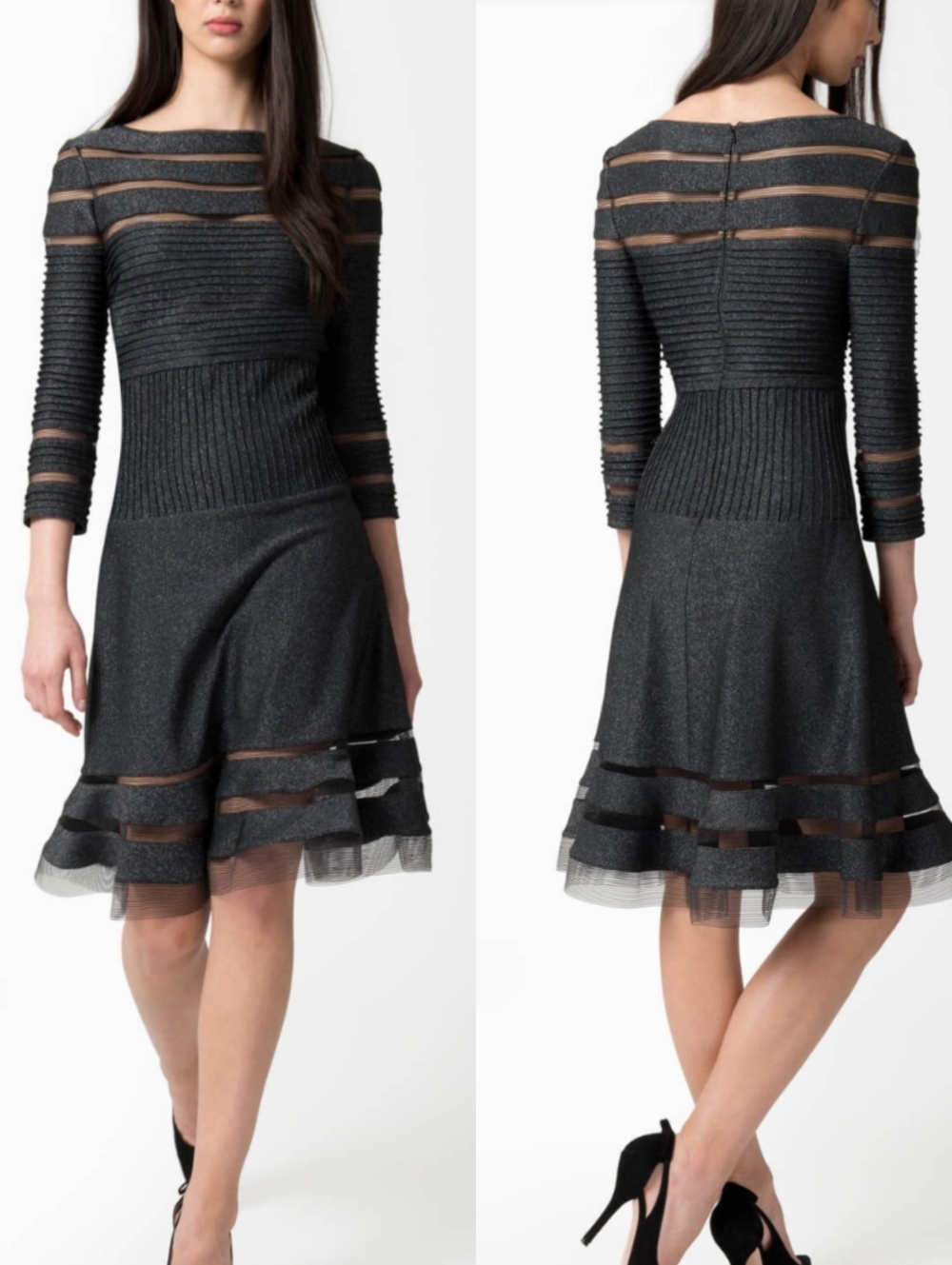 NEW Tadashi Shoji Metallic Pintuck Jersey 3/4 Sleeve Cocktail Dress in Shadow